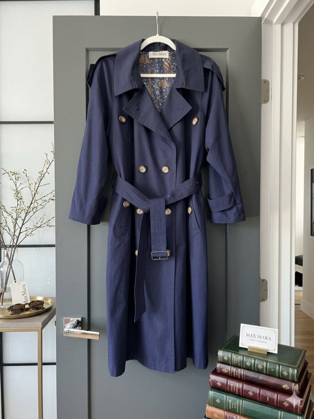 Vintage 80s Max Mara Double Breasted Trench Coat Nav Blue Paisley Lining Rare!